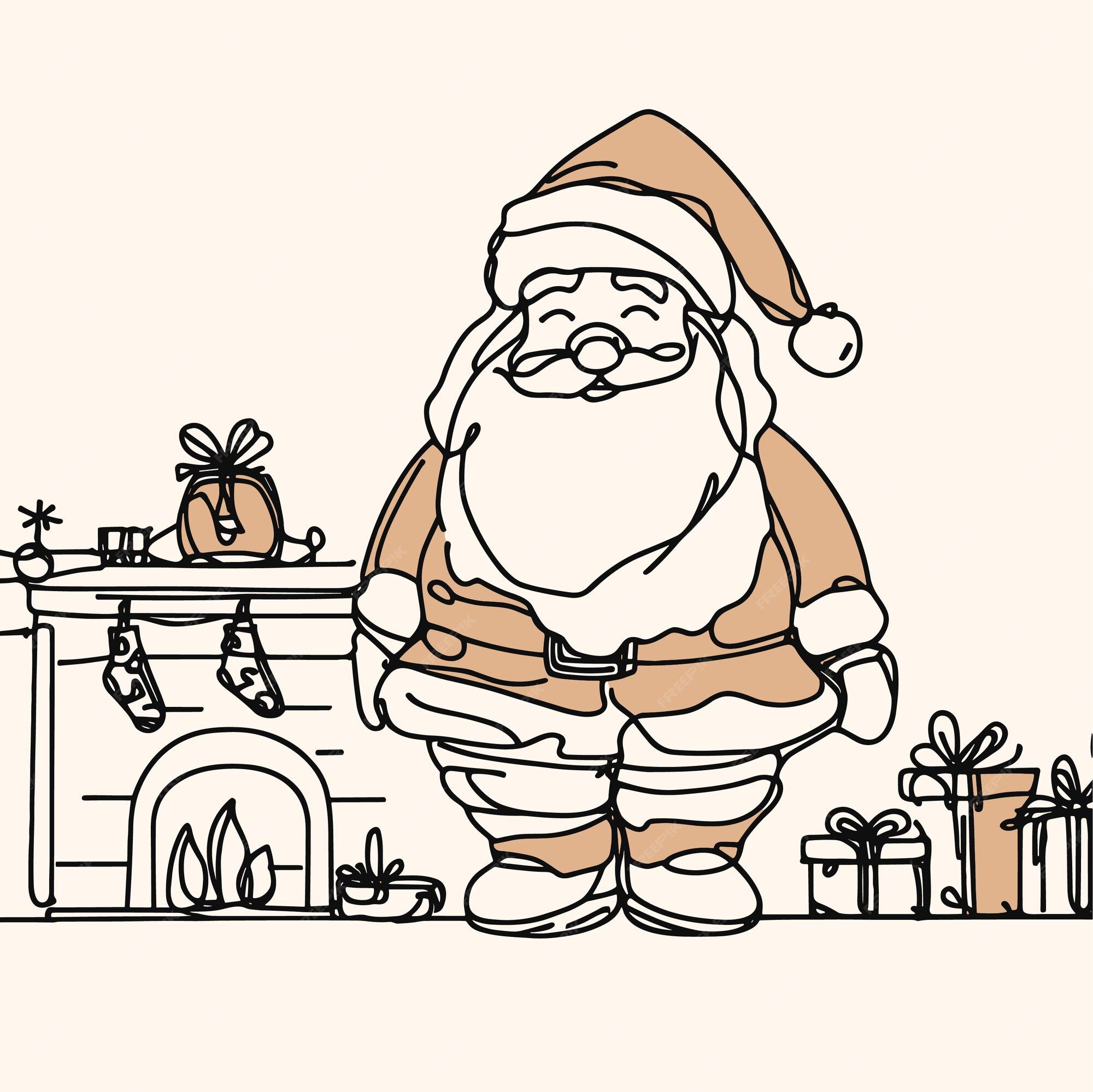 Premium Vector Christmas line art illustration of santa claus by the