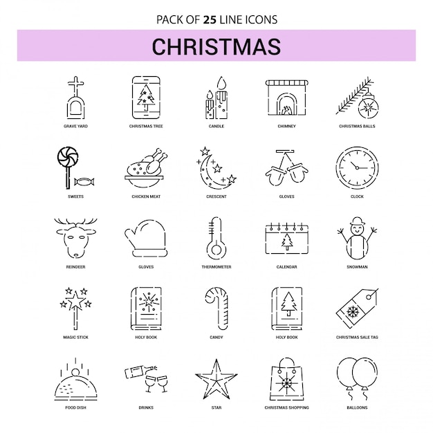 Christmas Line Icon Set - 25 Dashed Outline Style