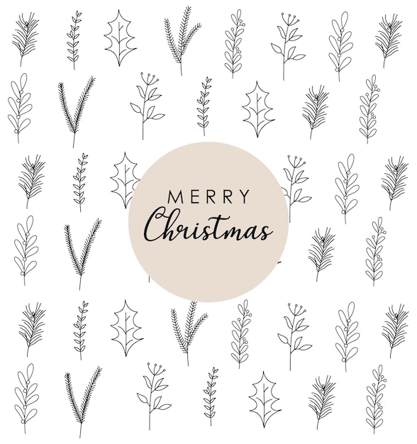 Christmas line pattern vector, Christmas leaves vector, minimalist new year elements, line art