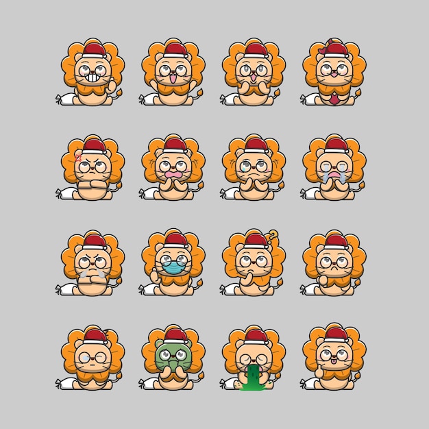 Vector christmas lion emoticon expression bundle