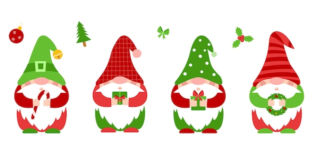 Christmas little gnomes hold New Year's attributes in their hands. Cute cartoon characters.