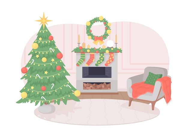 Vector christmas living room decor 2d vector isolated illustration