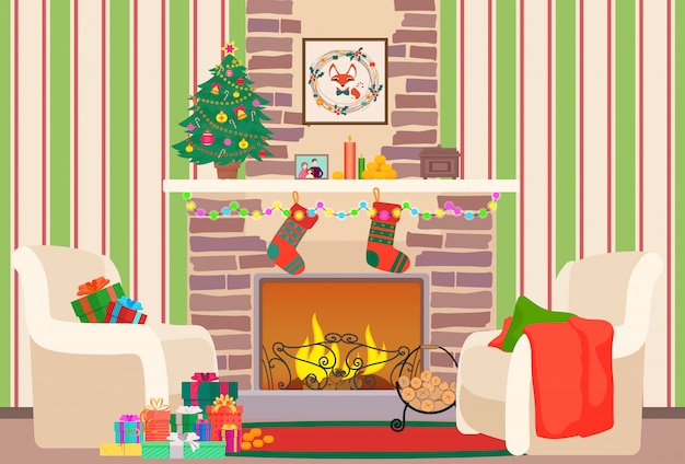 Christmas living room interior with fireplace