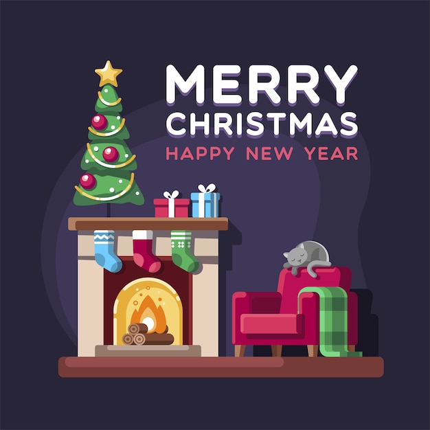 나무 선물 및 벽난로와 크리스마스 거실.