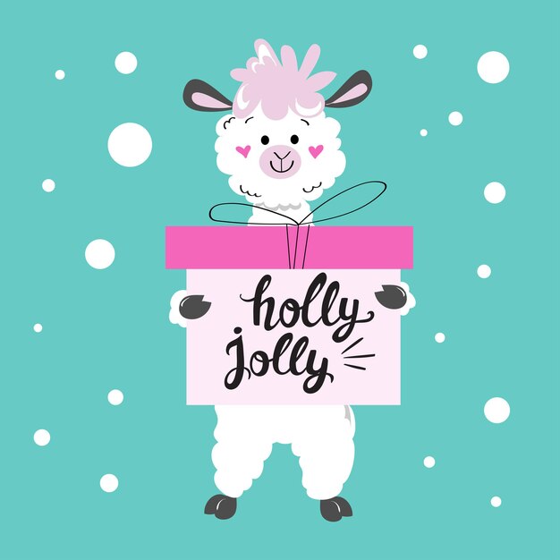 Vector christmas llama holds boxes with a gift and the inscription holly jolly. new year card