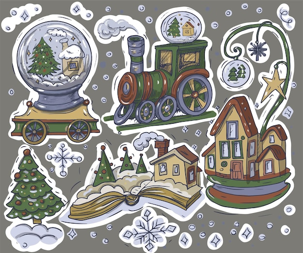 Christmas locomotive coloring book for children holiday sketch doodle set of