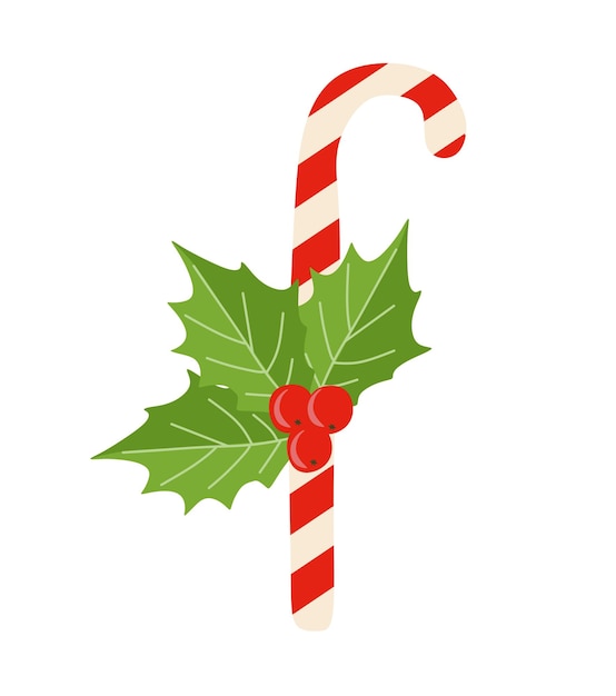 Vector christmas lollypop with holly berry candy cane vector flat style illustration holiday sweets or decoration for gift box greeting card tags postcard banner flyer isolated on white background