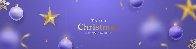 Christmas long banner with bright purple balls golden stars and snowflakes