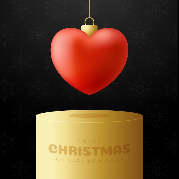 Christmas love heart card podium. Merry Christmas lovely greeting card. Hang on a thread red heart as a xmas ball and bauble on horizontal background. romantic Vector illustration.