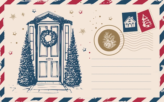 Vector christmas mail postcard door decoration hand drawn illustration