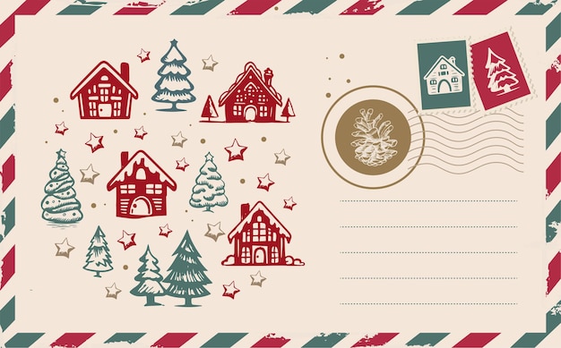 Vector christmas mail postcard hand drawn illustration