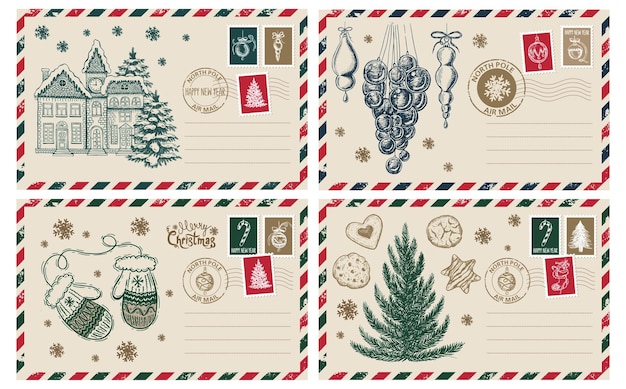 クリスマスメール、ポストカード、手描きイラスト。