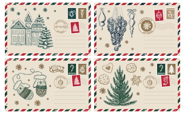 Vector christmas mail, postcard, hand drawn illustration.