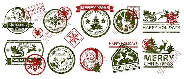 Vector christmas mail stamp vector illustration set santa claus vintage holiday winter postmark design