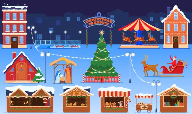 Vector christmas market fair decoration and kiosk holiday street outdoor sale merchandise houses vector