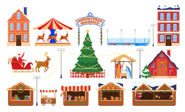 Vector christmas market fair decoration and kiosk holiday street outdoor sale merchandise houses vector