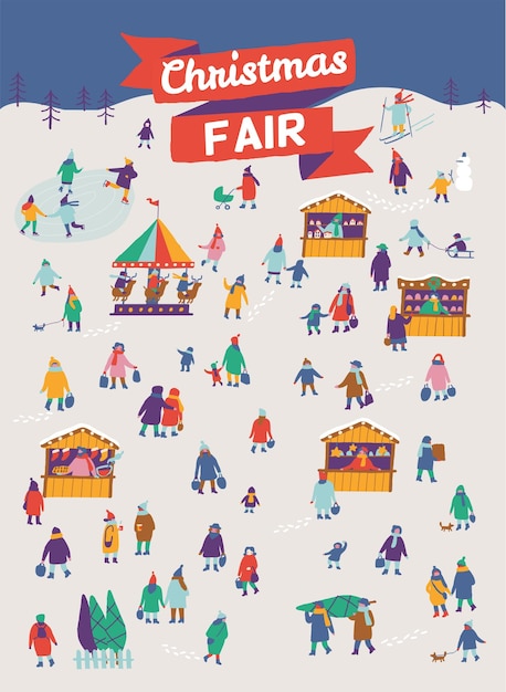 Christmas market or holiday fair outdoor festival stand crowd of happy people in warm clothes i