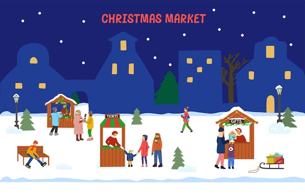 Christmas market or holiday outdoor fair on town square. People walking between decorated stalls or kiosks, buying gifts and drinking hot cocoa. Colorful vector illustration in flat cartoon style.