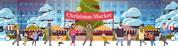 Christmas market or holiday outdoor fair with decorated fir tree people walking near stalls merry xmas new year winter holidays celebration concept modern cityscape background
