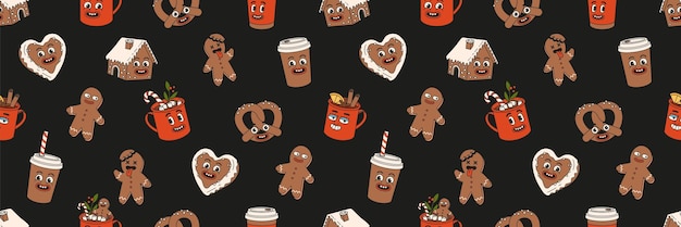 Christmas market street foods and drinks seamless pattern in trendy retro cartoon style