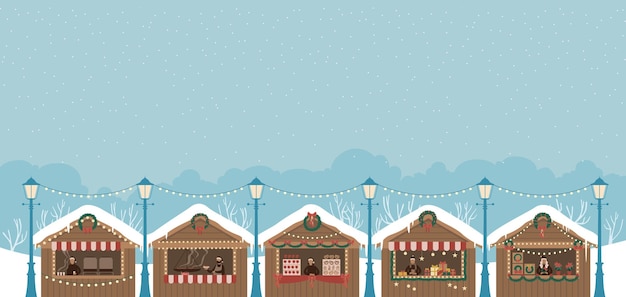Рождественский базар деревянные ларьки киоски продавцы рынка с новогодней едой горячие напитки глинтвейн кофе или чай сладости и подарки