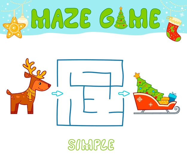 Christmas maze puzzelspel voor kinderen. eenvoudig doolhof- of labyrintspel met kerstslee en rendieren.