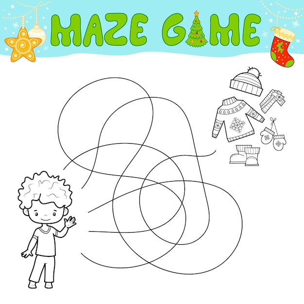 Christmas Maze puzzelspel voor kinderen. Overzicht doolhof of labyrint. Vind een padspel met kerstjongen.