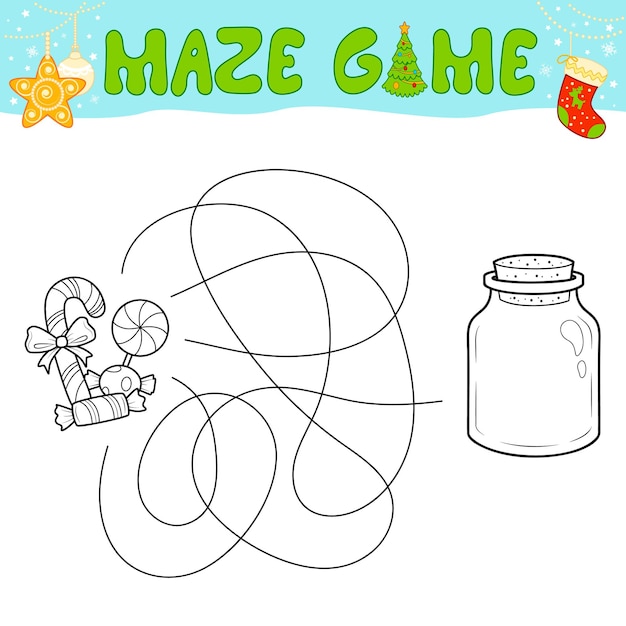 Christmas maze puzzelspel voor kinderen. overzicht doolhof of labyrint. vind een padspel met kerstsnoep.