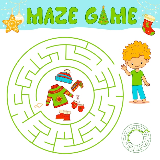 Christmas maze puzzle game for children. Circle maze or labyrinth game with Christmas boy.