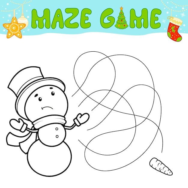 Christmas Maze puzzle game for children. Outline maze or labyrinth. Find path game with christmas Snowman.