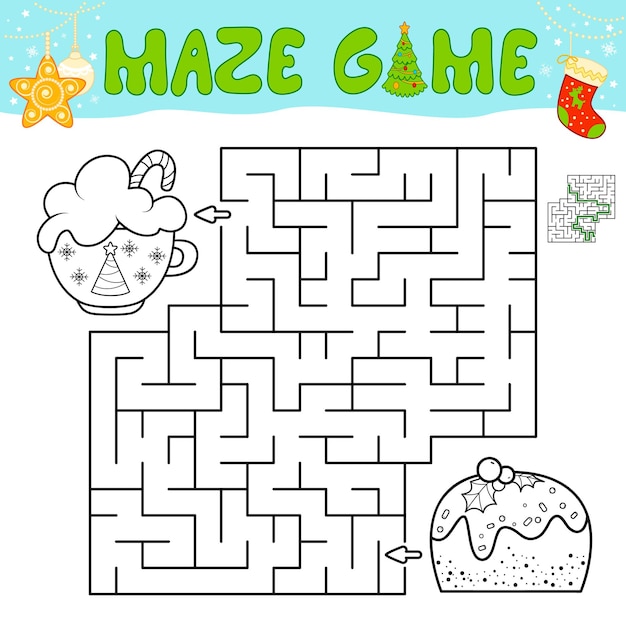 Christmas Maze puzzle game for children. Outline maze or labyrinth game with christmas cake.