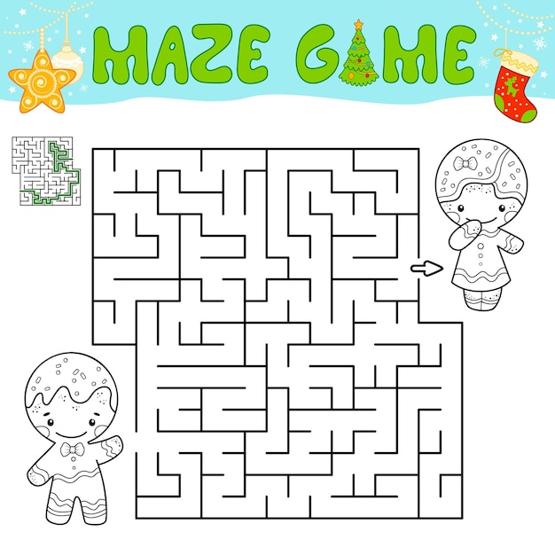 Christmas maze puzzle game for children. outline maze or labyrinth game with christmas gingerbread man.