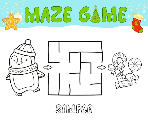 Christmas maze puzzle game for children. simple outline maze or labyrinth game with christmas penguin.