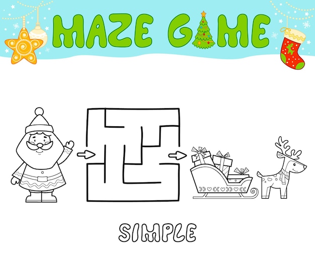 Christmas Maze puzzle game for children. Simple outline maze or labyrinth game with christmas Santa claus.