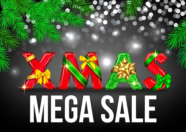 Vector christmas mega  sale banner with red and green decorative letters with  gift bow, ribbon  and  fir branch. xmas text on black background. winter holiday special offer. vector template.