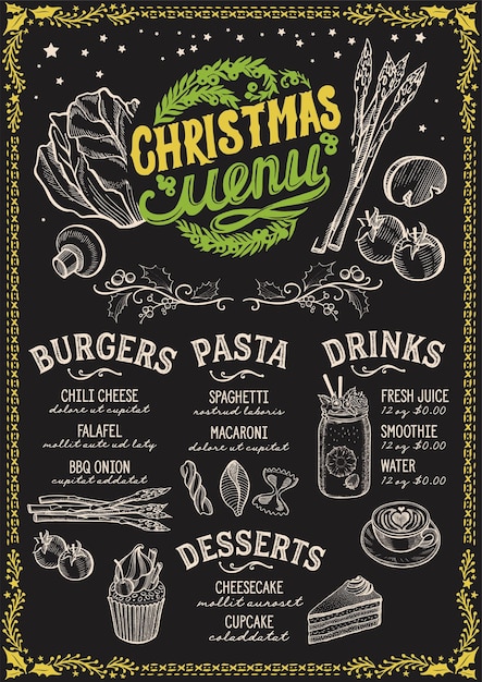Christmas menu template for brunch on a blackboard