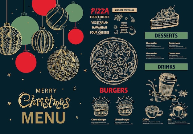 Vector christmas menu, template, hand drawn illustration.