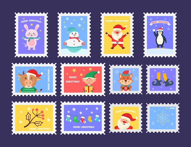 christmas merry cute stamp with holiday symbols and decoration elements. collection of postal stamps with christmas decoration symbols.