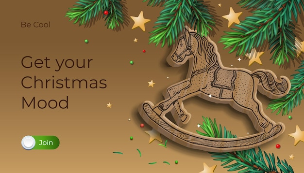 Vector christmas mood christmas wooden rocking horse with fir branches decor realistic design for web banner poster postcard or greeting card