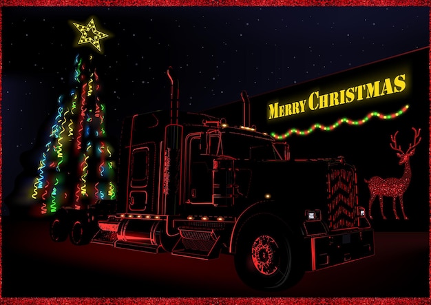 Christmas motif with american truck with red light effect on the edges