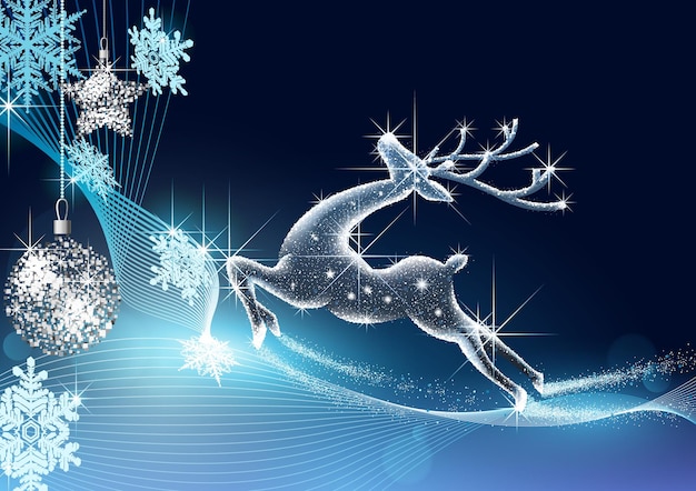 Christmas Motif with a Starry Deer on a Blue Abstract Background