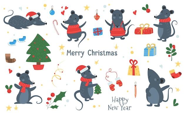 Christmas mouse, cheese, hat, scarf, gift, heart, bow. winter cute vector animals illustration. 2020 chinese new year simbol. mouse, rat horoscope. hand drawn mice with santa hat, fir, gifts, garland.