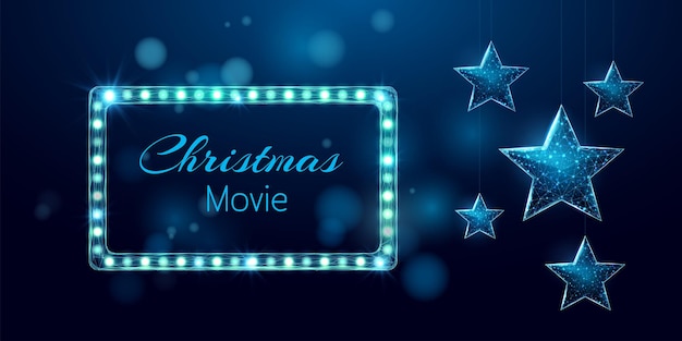 クリスマス映画の夜のバナー。ワイヤーフレームスターとライトビルボード、低ポリスタイル。