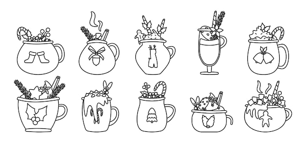 크리스마스 머그잔 음료 개요를 설정합니다. 마시멜로, 컵 핫 초콜릿 또는 겨울 커피와 함께 휴일 코코아. 사탕 지팡이 격리 된 일러스트와 함께 다른 템플릿 컵의 빈티지 새 해 컬렉션
