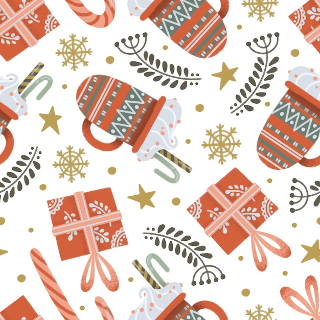 코코아, 빨간색 선물, 눈송이 및 별 소박한 원활한 패턴의 크리스마스 머그