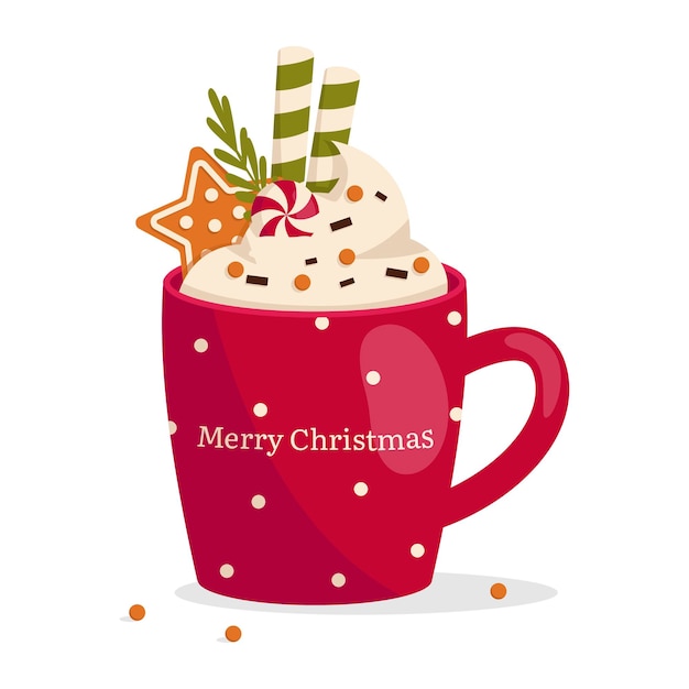 Vector christmas mug with hot drink whipped cream chocolate chips gingerbread cookies wafer rolls etc