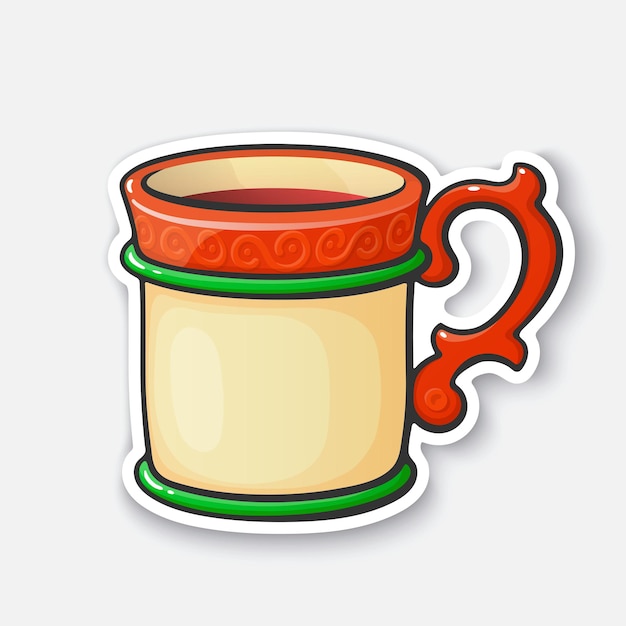 Christmas mug with mulled wine or tea Cartoon funny sticker Vector illustration