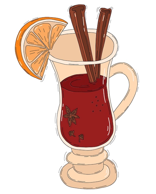 Vector christmas mulled wine cocktail glass with citrus slice spicy wine cinnamon sticks spices cardamom