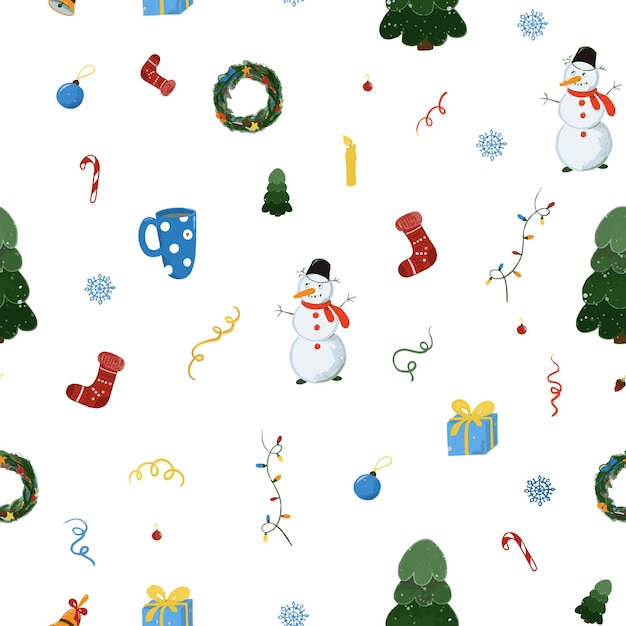 Рождественский разноцветный узор. Забавный снеговик, елка, серпантин, елочные игрушки, подарок
