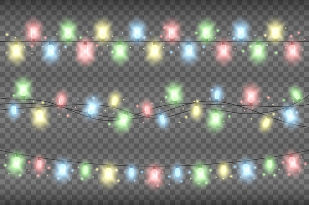 Christmas multicolored realistic garland lights on a transparent background. glowing garland lights decoration with sparkles